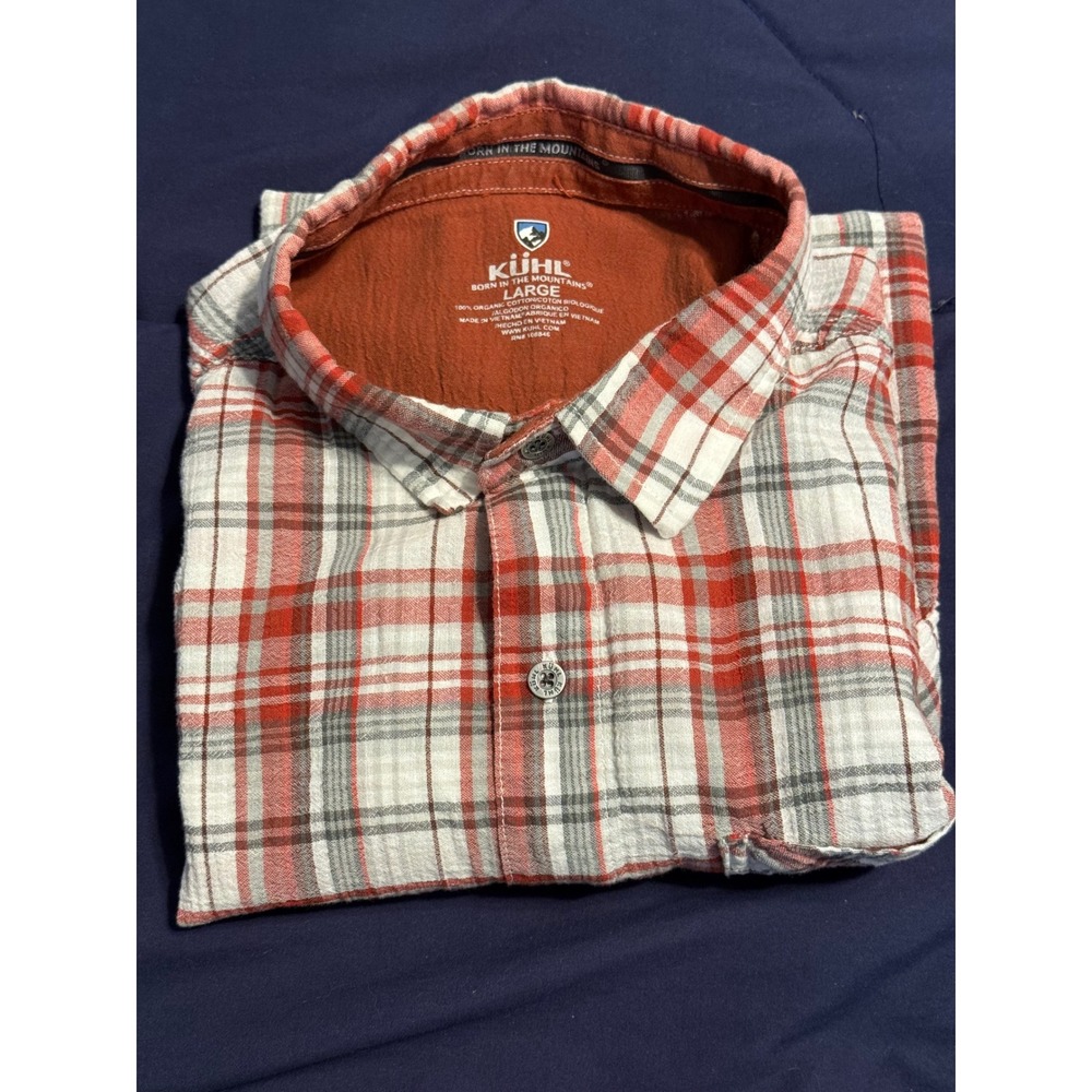Kuhl Tropik Mens Large Red Plaid Organic Cotton Short Sleeve Button Down Shirt